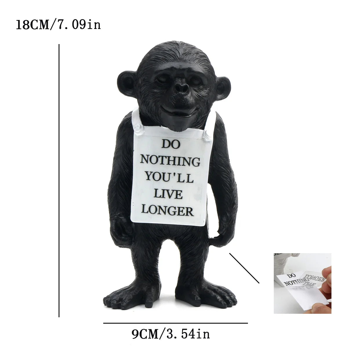 statuette moderne singe résine blanc noir peau texte do nothing vous vivrez plus longtemps