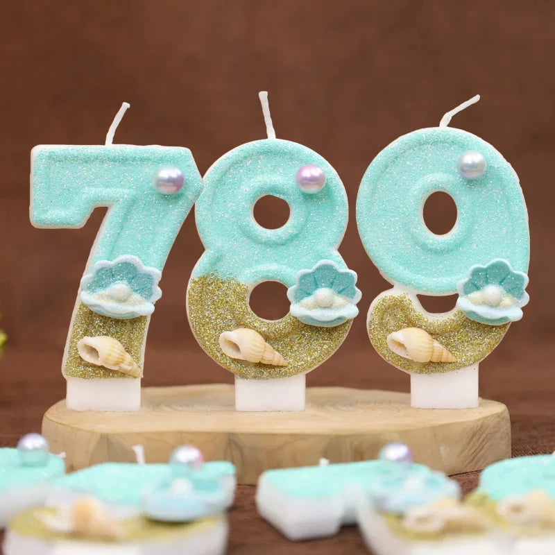 bougies numériques forme chiffres glitter thème marin anniversaire turquoise doré blanc coquillages clips