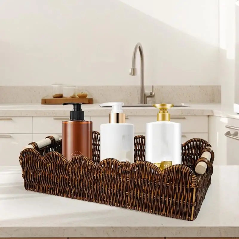 panier rustique tressé marron poignées beige fruits rangement cuisine organisateur rectangle ondulé multifonction