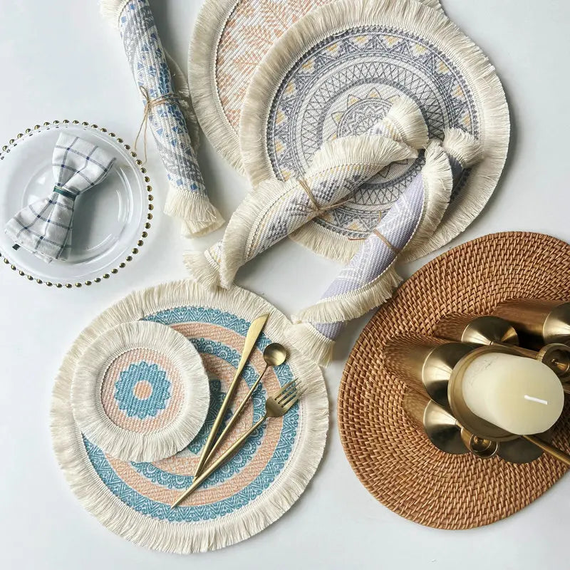 assiettes boho chic mandala feuilles points franges reutilisables antiderapantes isolation thermique respectueux environnement