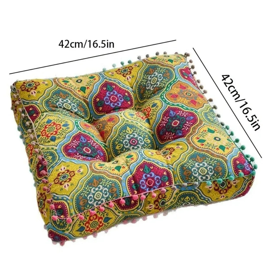 coussin carré géométrique floral ethnique 42cm bleu rouge vert jaune beige pompons fixations