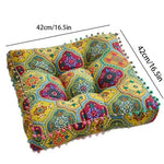 coussin carré géométrique floral ethnique 42cm bleu rouge vert jaune beige pompons fixations