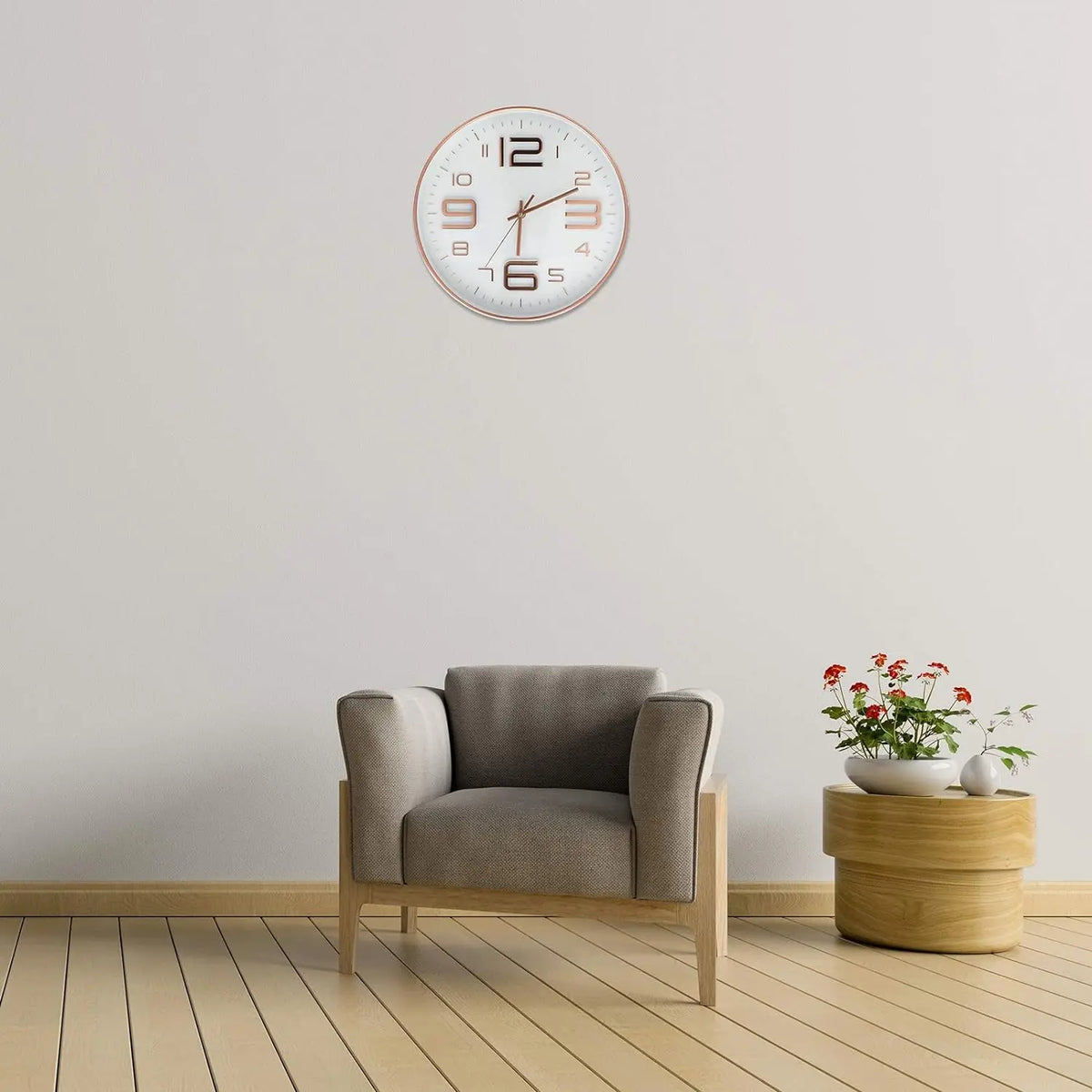 horloge murale moderne chiffres relief aiguilles fines blanc rose doré noir minimaliste