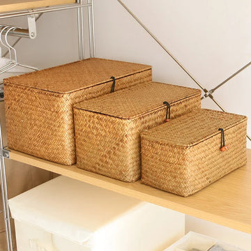 boîtes rangement seagrass naturel tissage paille rustique artisanal cordon boucle