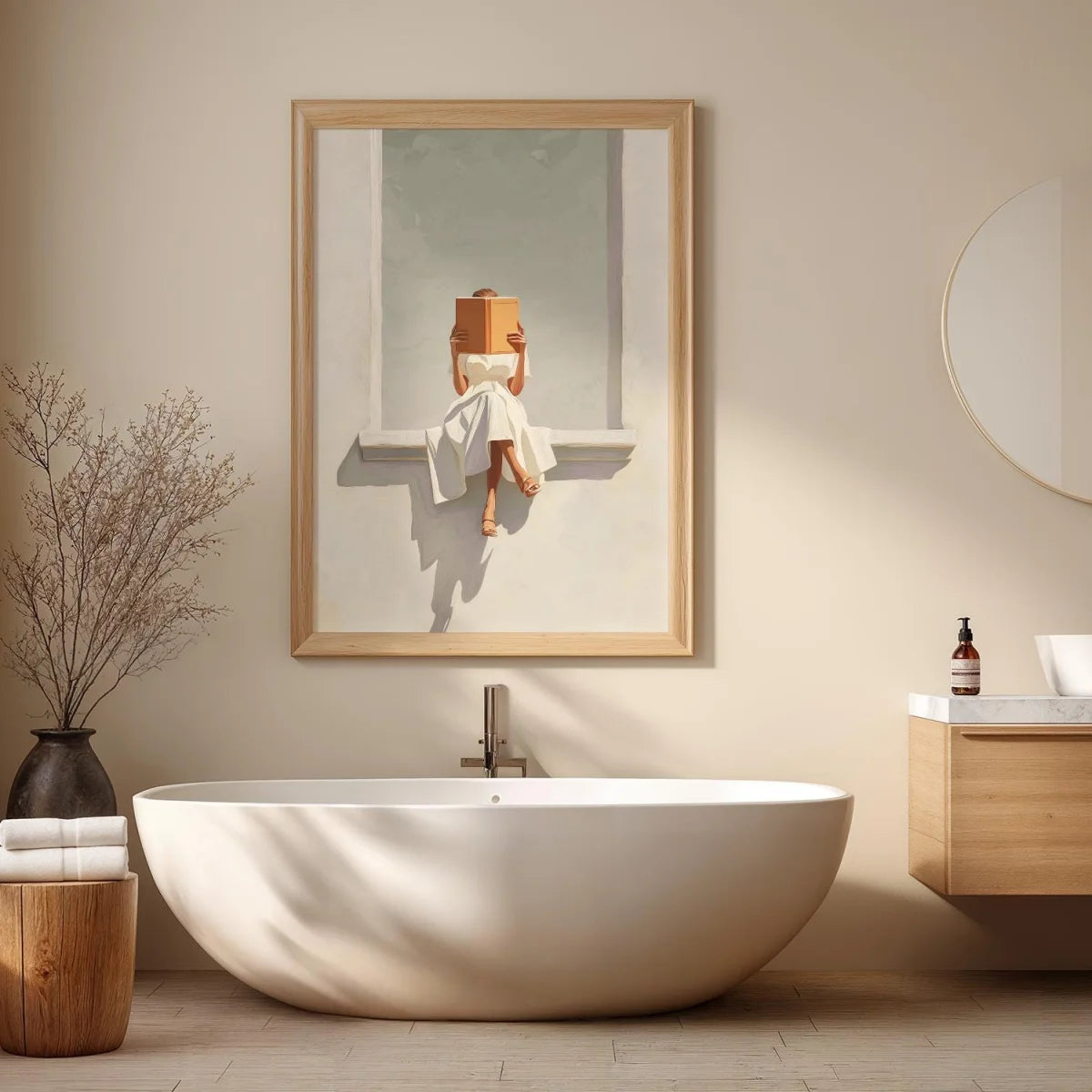 affiche toile femme lisant livre moderne abstraction tons neutres deco salon chambre