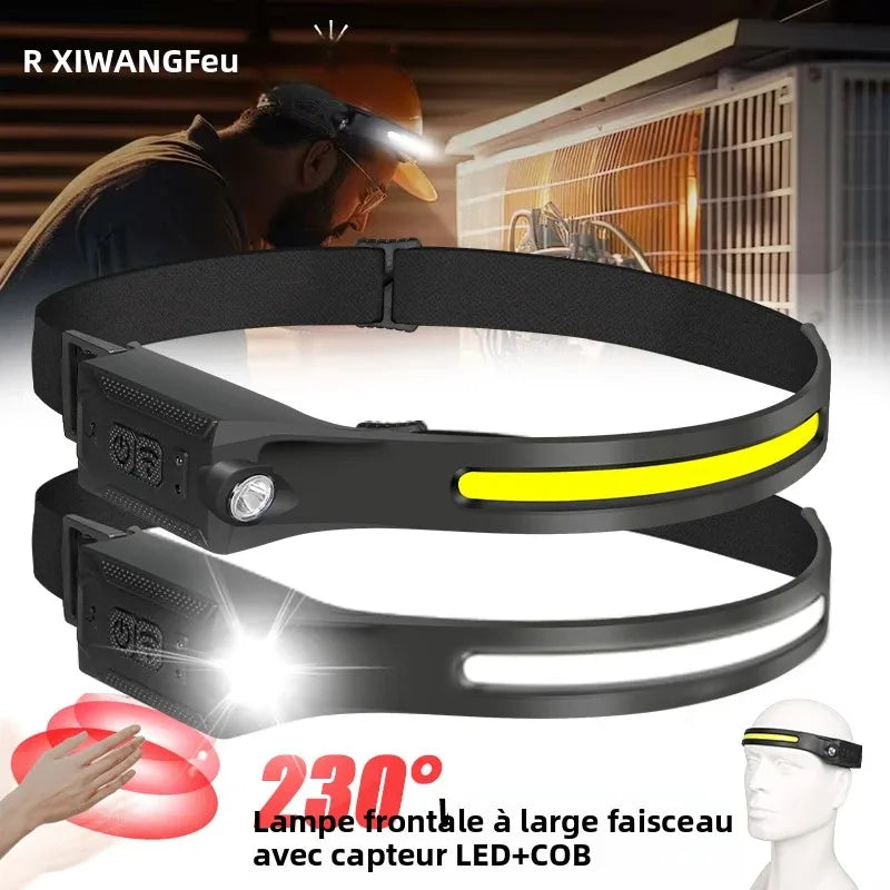 lampe frontale led rechargeable noire jaune modes luminosité réglable camping randonnée