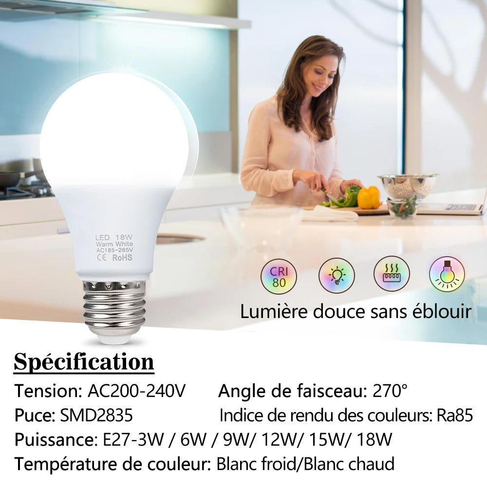 ampoules led 3w 6w 9w 12w 15w 18w e27 haute luminosité blanc opaque lisse