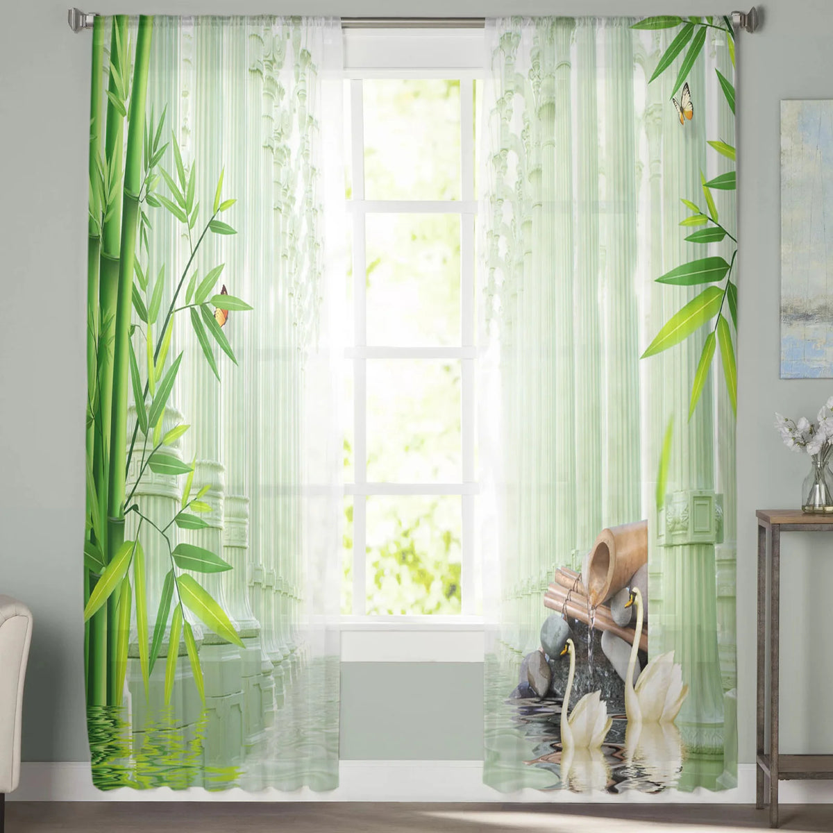 Détail tissu voile rideau en bambou transparent texture légère