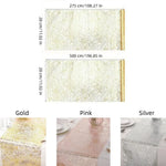 nappe brillante or rose motifs organiques semi transparent festive assiettes blanches couverts gâteau d'anniversaire