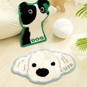tapis forme chien mignon poilu yeux brodés cute enfant blanc beige
