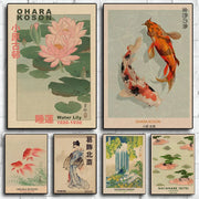 affiche art japonais vintage motifs floraux paysages animaux cadre boisDecoration murale vintage ukiyoé
