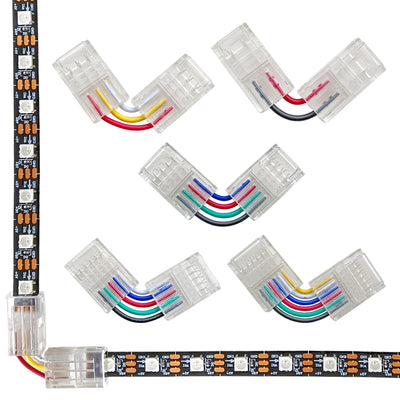 Connecteur d'angle transparent pour bande LED sans soudure vu de face