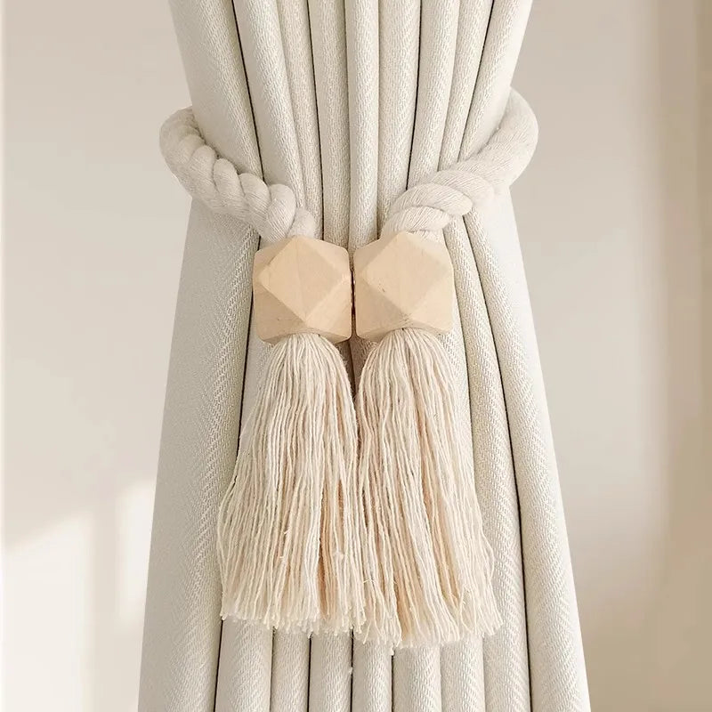 attaches rideaux tressées franges bohèmes bois cubes décoratifs beige naturel rustique