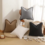 housse coussin coton 45x45cm beige blanc gris noir franges bohème rustique chaleureux decoration salon