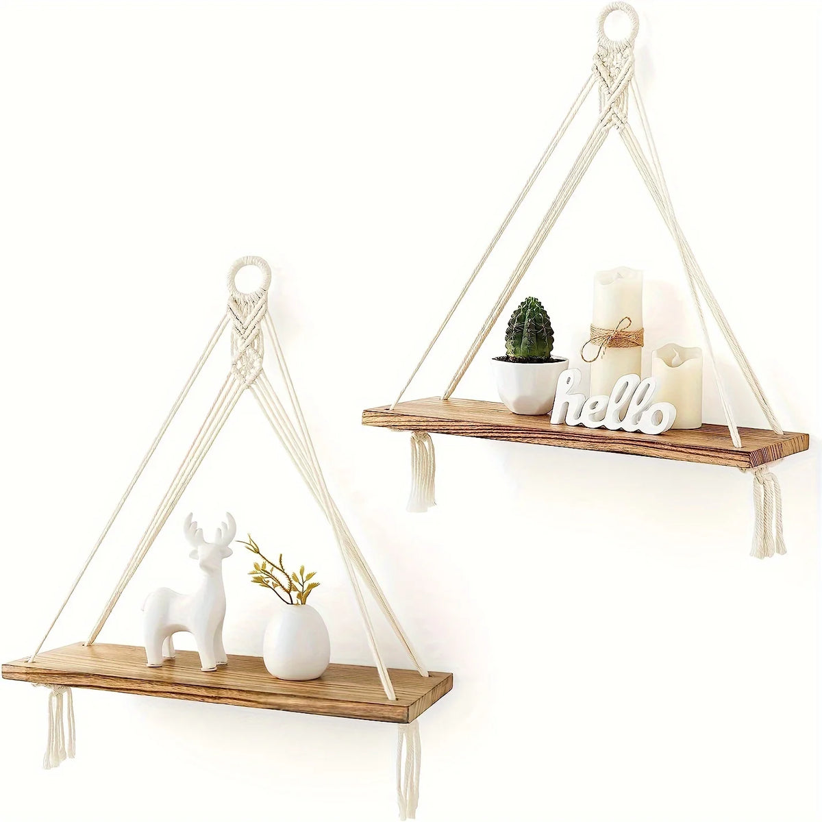 étagères murales suspendues macramé boho chic bois naturel plante photo décoration
