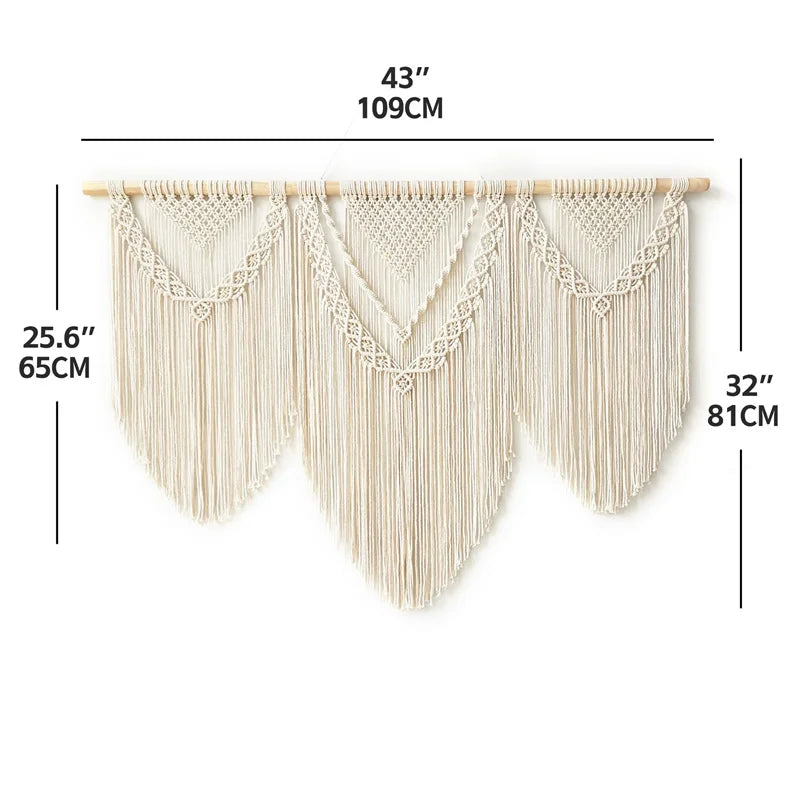 tapisserie macramé coton ovale motifs géométriques franges bohème bois opaque