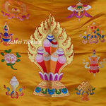 tapis décoratif artisanal or rouge broderie bouddhiste franges colorées tissu d'art opacité traditionnel motifs