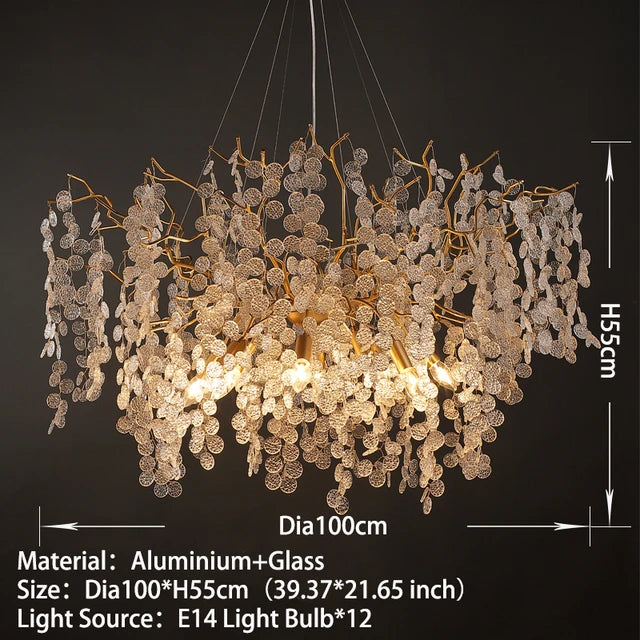 Suspension lumineuse moderne dorée transparentes branches salon chambre