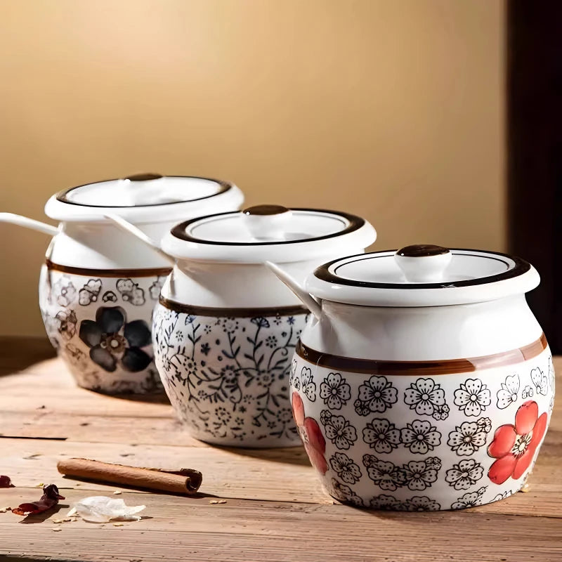 pots épices céramique fleurs stylisées couvercle cuillère plastique blanc rouge bleu noire hermétique kitchen