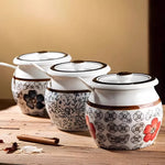 pots épices céramique fleurs stylisées couvercle cuillère plastique blanc rouge bleu noire hermétique kitchen