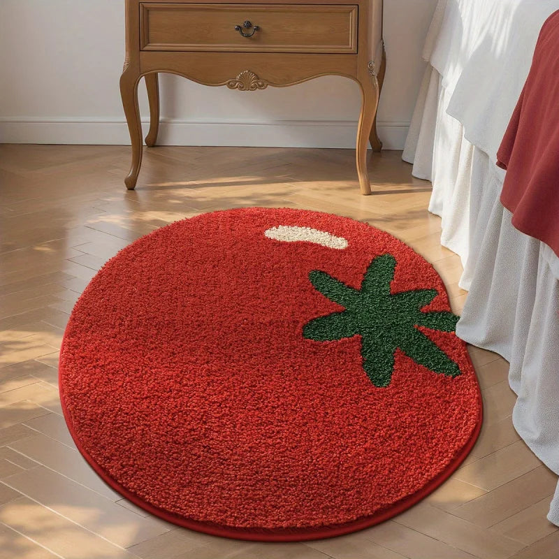 tapis rond decoratif moderne tomate poilue rouge vert crème dimension 50cm 80cm salon chambre