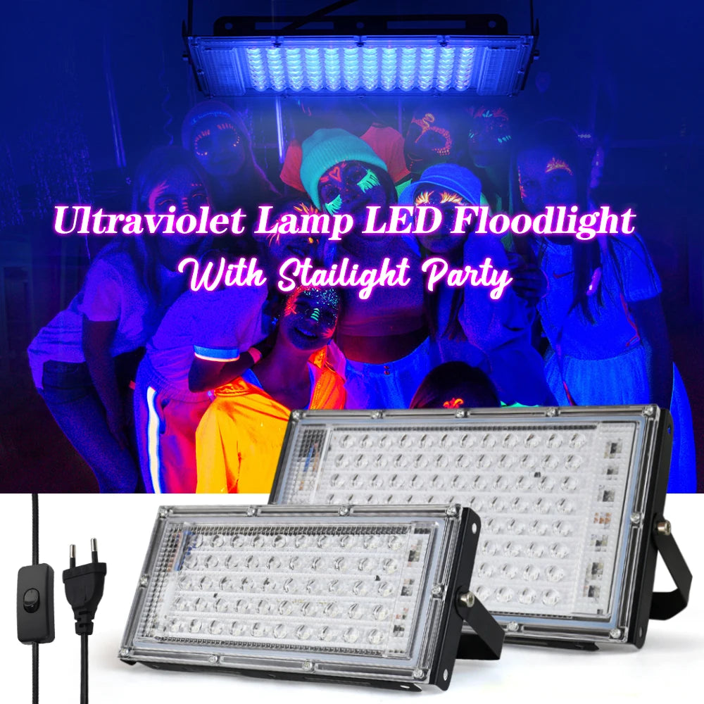 projecteur led uv 50w 100w 150w noir violet moderne clips câble alimentation interrupteur