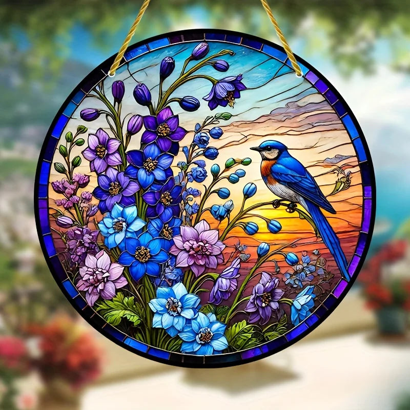 vitrail floral opaque art nouveau oiseaux chaîne métallique suspension fenêtre 20x20cm