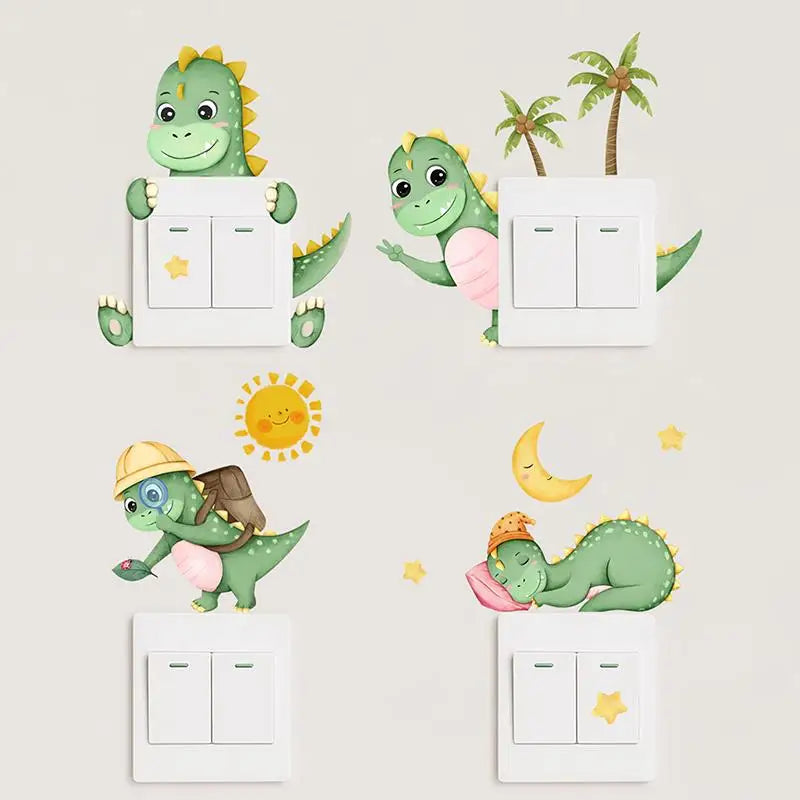 stickers mural lumineux dinosaures palmiers soleil lune étoiles floral cartoon adhésif chambre salon vert