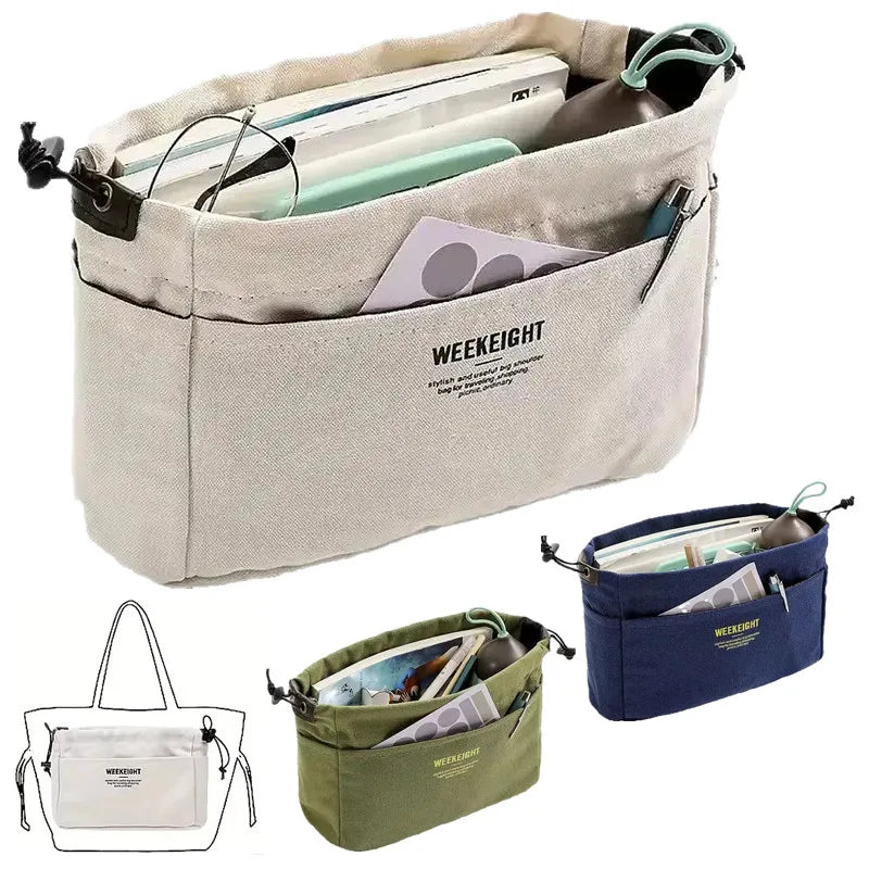 organisateur sac toile beige bleu marine vert olive cordon ajustable poches intérieures réutilisable moderne