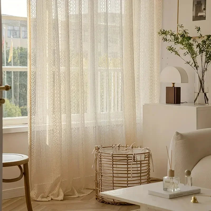 rideau polyester semi transparent beige dentelle géométrique classique maison bureauextérieur simple