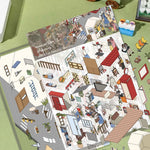 puzzle isométrique ville miniature multicolore personnages bâtiments mobilier urbain végétation panneaux publicitaires
