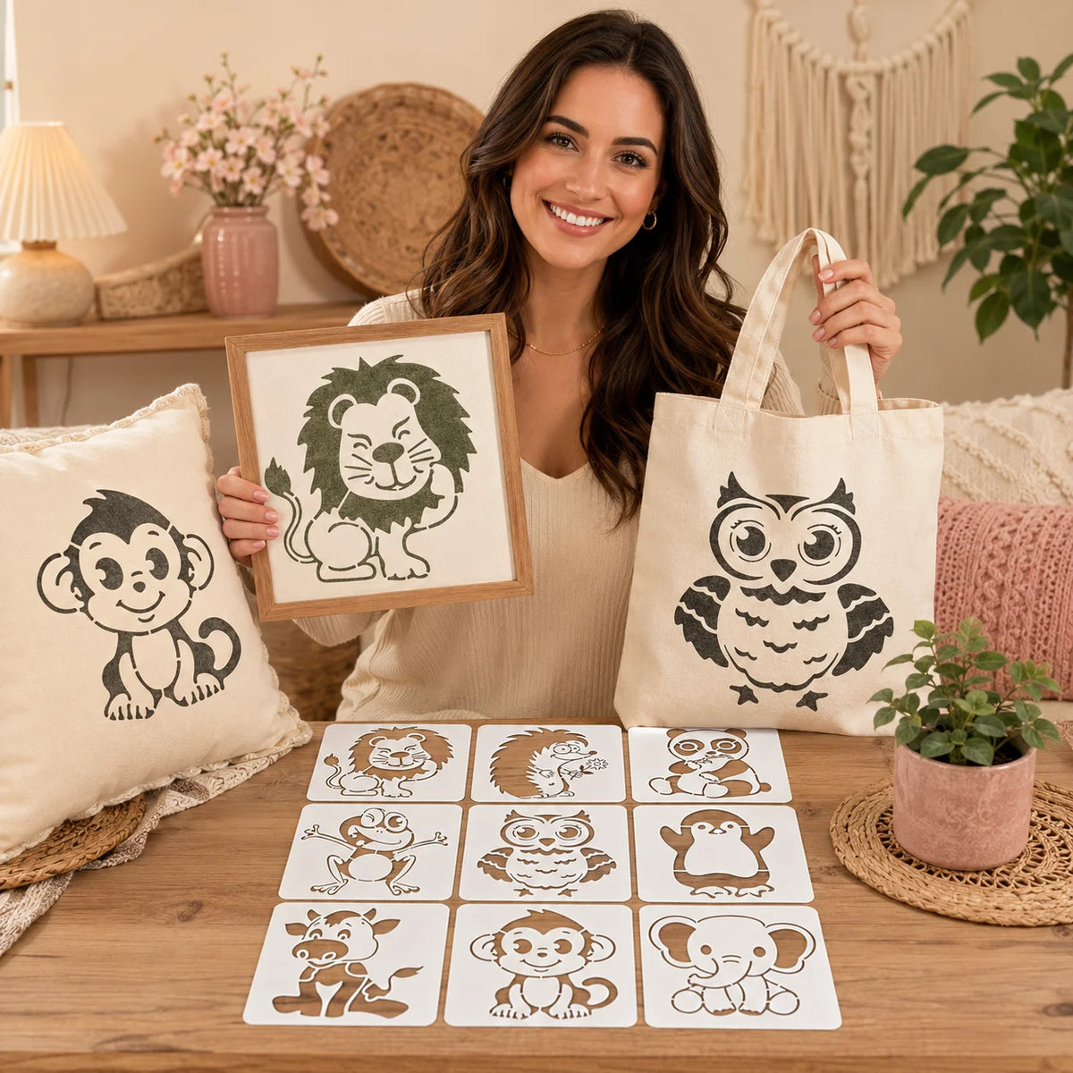 pochoirs animaux mignons blancs cartoon gabarits peinture tissu toile loisirs créatifs DIY différents