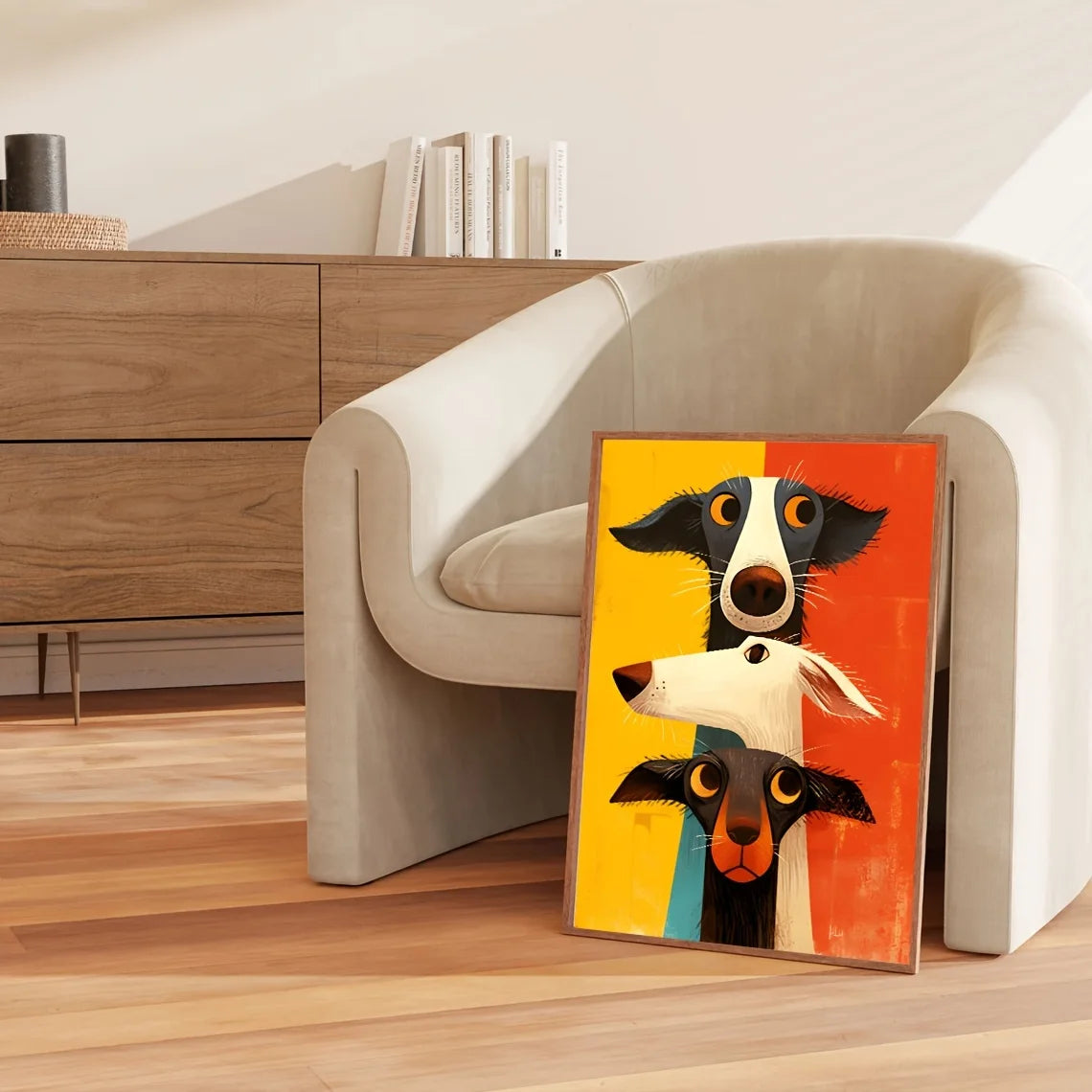 tableau moderne impression toile visage animal stylisé jaune orange bleu opaque décoration chambre sans