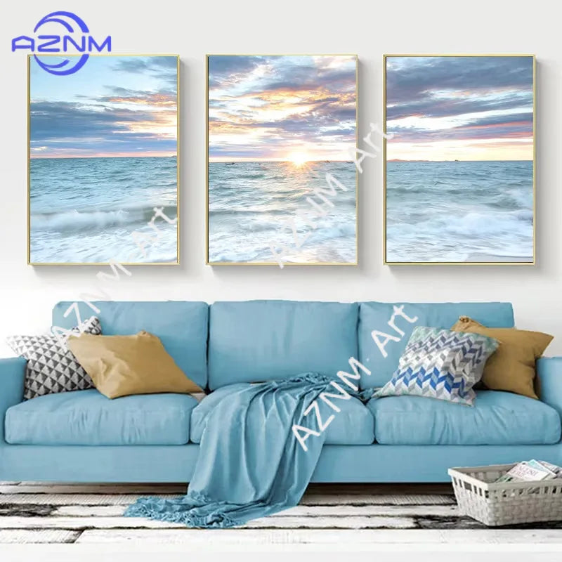 tableau paysage marin coucher soleil cadre doré décoration salon moderne toile bleu blanc