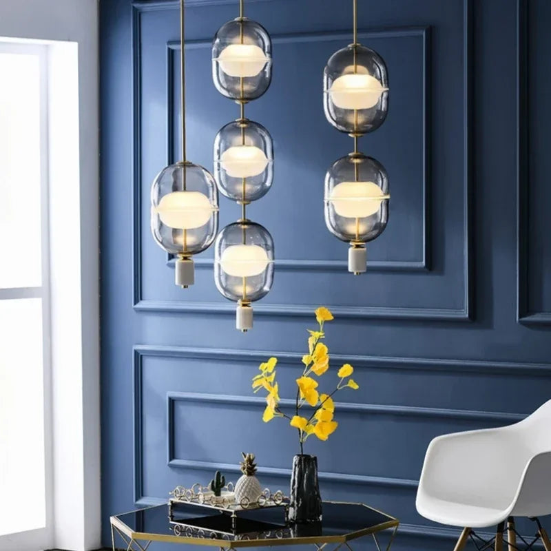 Lampe suspendue minimaliste en verre et fer pour chambre à coucher