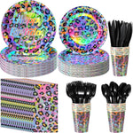 assiettes anniversaire imprimées léopard multicolore serviettes couverts verres festifs papier jetables fete enfants deco