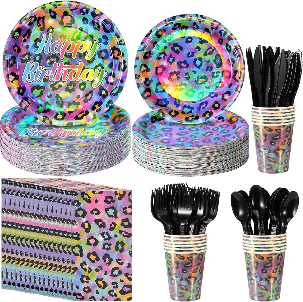 assiettes anniversaire imprimées léopard multicolore serviettes couverts verres festifs papier jetables fete enfants deco