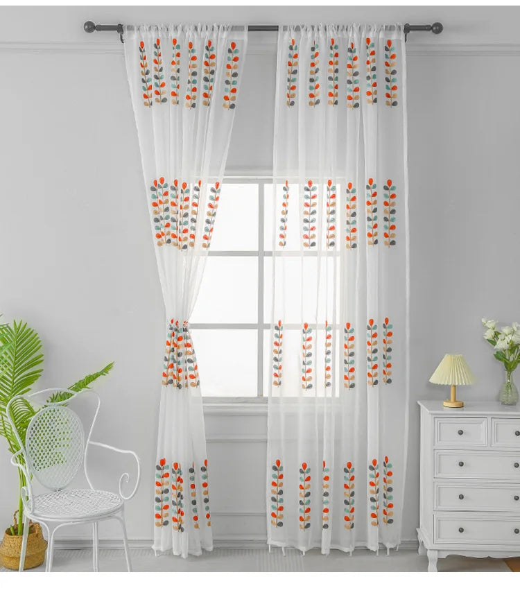 rideaux brodés floral japonais polyester translucides blanc rouge vert orange bleu salon
