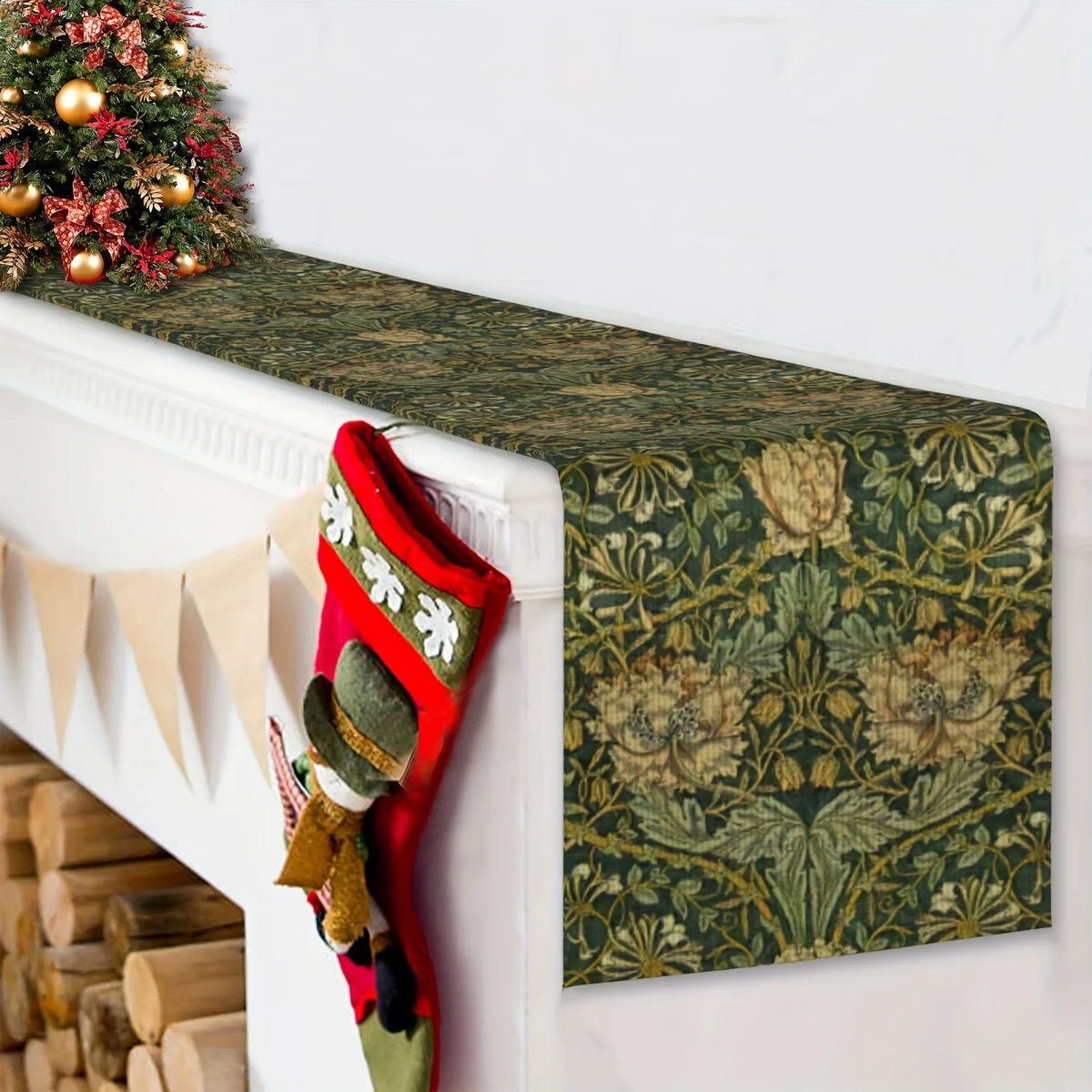 nappe lin motif floral william morris vert foncé beige arts crafts décoration table festive