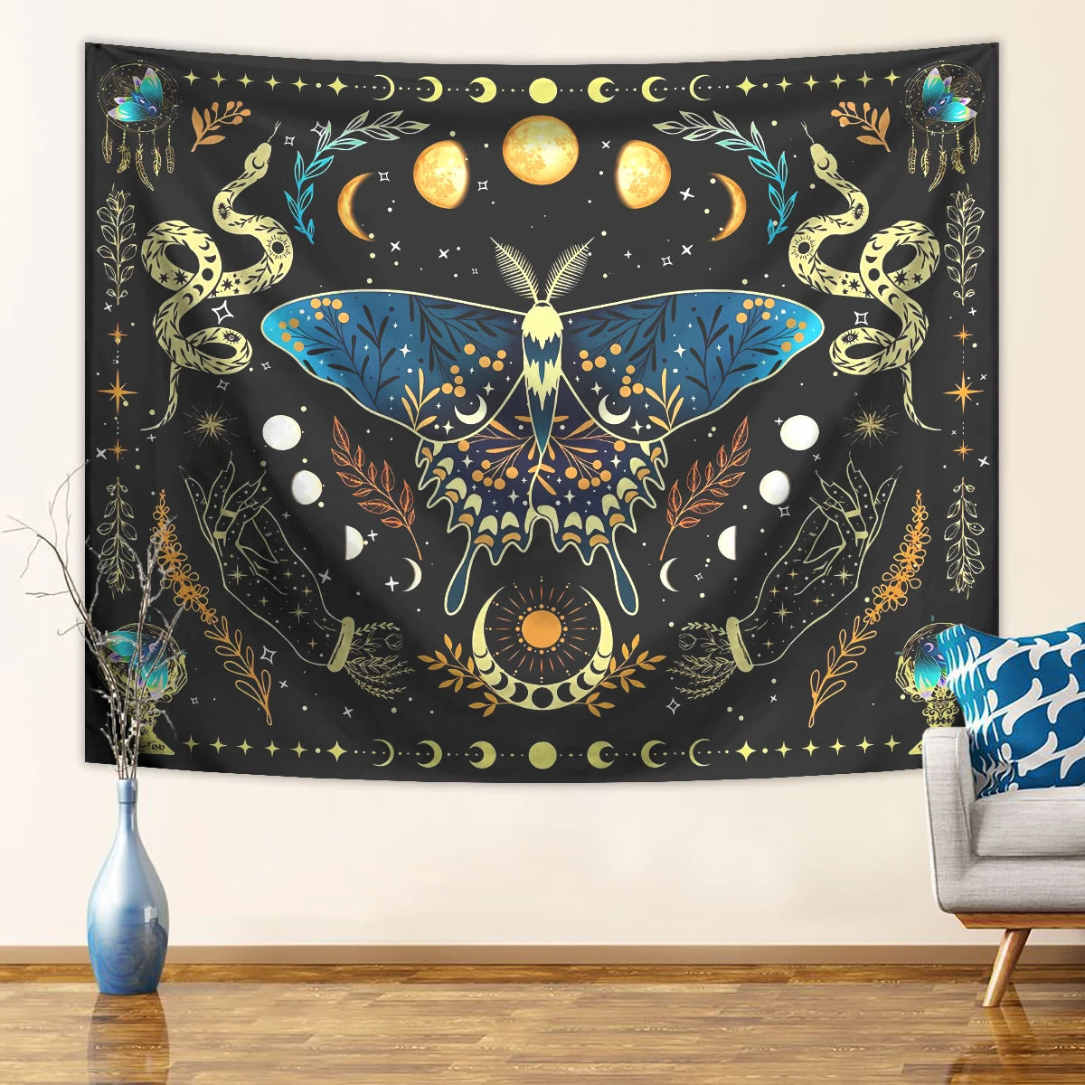 tapisserie plante motif papillon serpent lune étoile noir bleu doré blanc fantaisie clips
