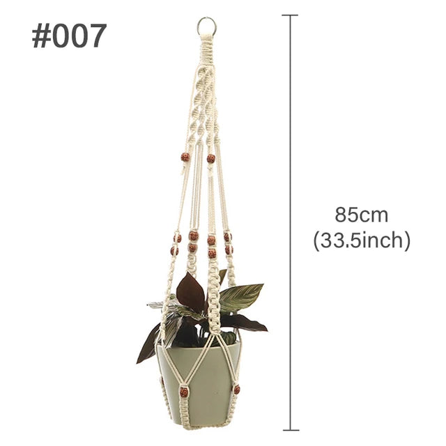 support plante suspendu macramé boho artisanal blanc beige orange tissé oeilletsextérieur exposition arbres
