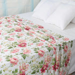 drap plat imprimé fleurs roses vertes fond blanc lit adulte simple classique polyester