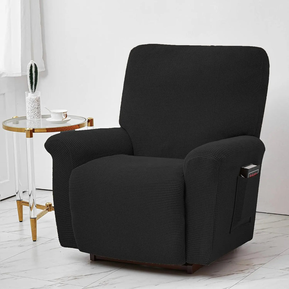 Housse fauteuil inclinable bleu noir gris jacinquée extensible moderne poche adhésif lavage machine