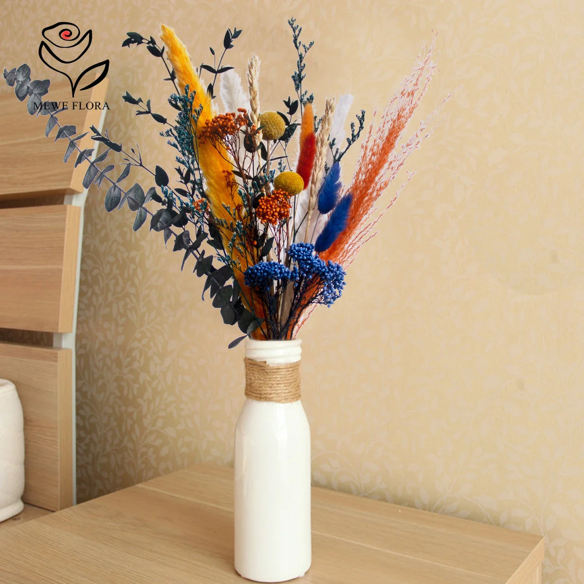 Bouquet fleurs séchées naturel plumes orange bleu blanc marron vert décoration intérieure anniversaire mariage