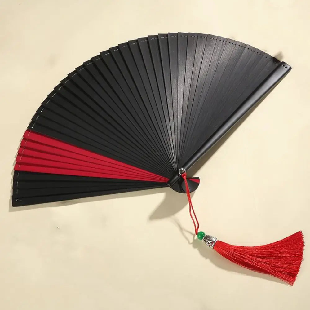 éventail danse bambou handmade kimono fan classique noir rouge rayures tassel