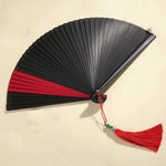 éventail danse bambou handmade kimono fan classique noir rouge rayures tassel