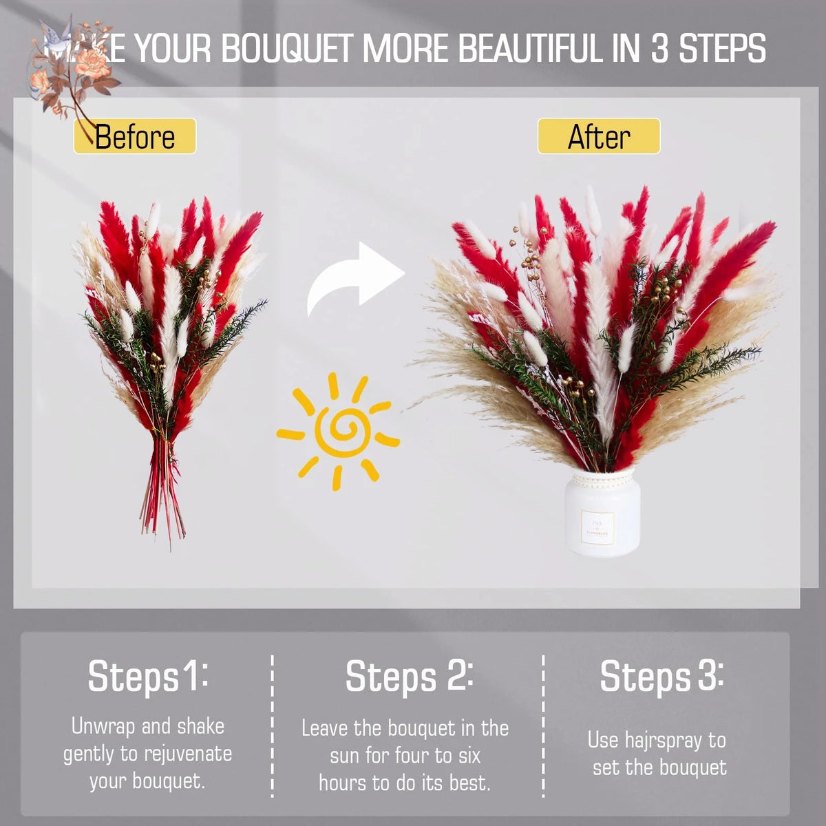 bouquet dried flowers naturel rouges blancs vase beige decoration maison anniversaire fete