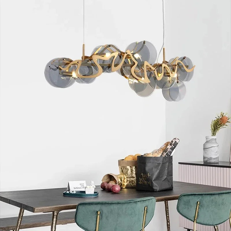 Suspension lumineuse or spirales dorées moderne sphères transparentes 60cm 80cm 95cm