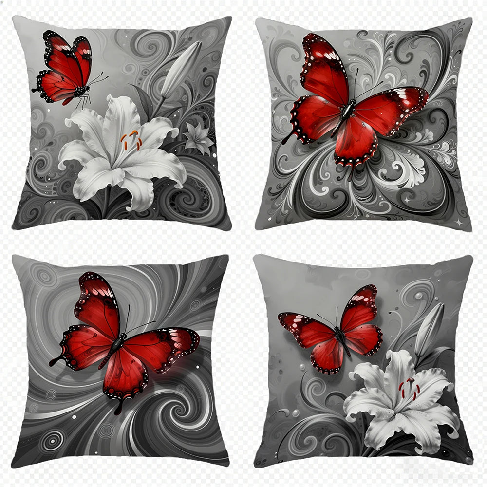 taies d'oreiller imprimées papillons fleurs rouge gris lit maison hospitalière polyester peachskin decoration chambre