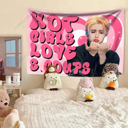 tapisserie murale kpop tapis mural rose bleu blanc motifs géométriques texturée chambre adolescente
